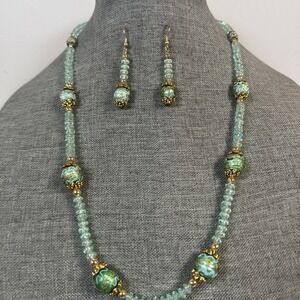 14/20 New Necklace Set with Earrings Green beads and gold toned 26"